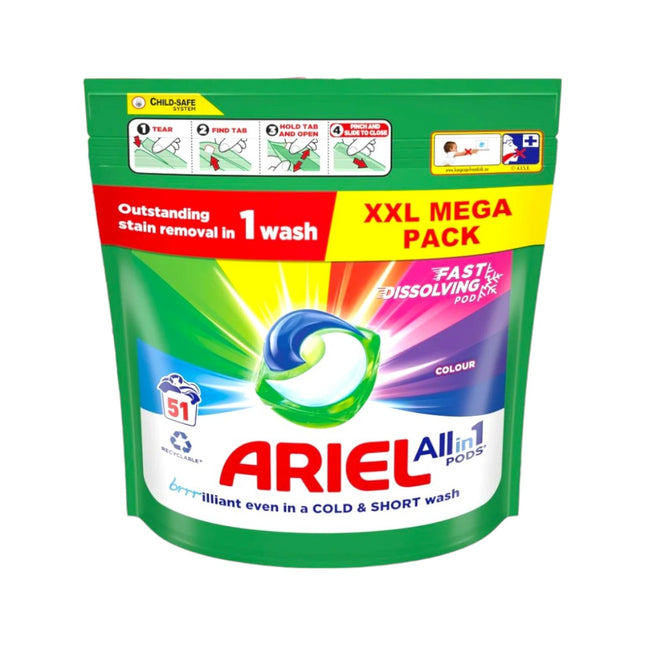 ARIEL All-in-One Liquid Washing Machine Detergent in Capsules/Tablets 51 Washes More Color Extra Care for Color and Shine Deep Cleaning 