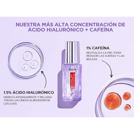 L'ORÈAL PARIS Dermo Expertise Revitalift Filler Sérum de Ojos con Ácido Hialurónico y Cafeína, Rellena Arrugas y Corrige ojeras, Triple Roll-on, 20 ml