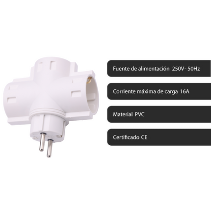 Triple adapter with white schuko plug MAX. 3680W 250V/16A 