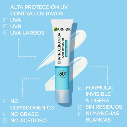 GARNIER Pure Active Fluido UV Diario con BHA + Niacinamida FPS50+ acabado Mate e Invisible, para pieles grasas con tendencia acneica  40 ml