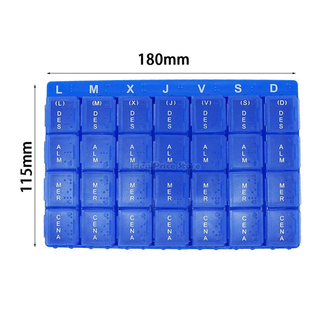 Pill box with 28 plastic compartments, 7-day weekly dispenser, Monday to Sunday, includes Braille reading system 