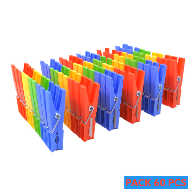 Pack of 60 Plastic Clothes Pegs in 4 colors Yellow, Orange, Green and Blue With Stainless Steel Metal Spring 7.5 x 1.0 x 1.5 cm 