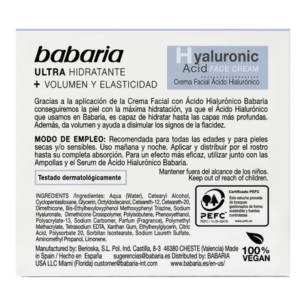 Babaria Hyaluronic Acid Ultra Moisturizing Facial Cream Facial Moisturizers 50 ml 