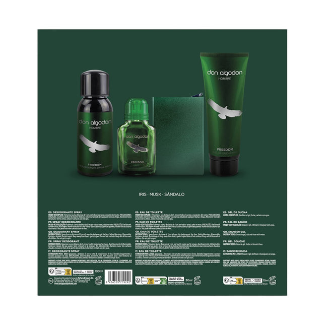 Don Algodón Set Freedom Hombre Mini desodorante 100 ml + Eau de Toilette 30 ml + gel de ducha 75 ml + tarjetero metalico