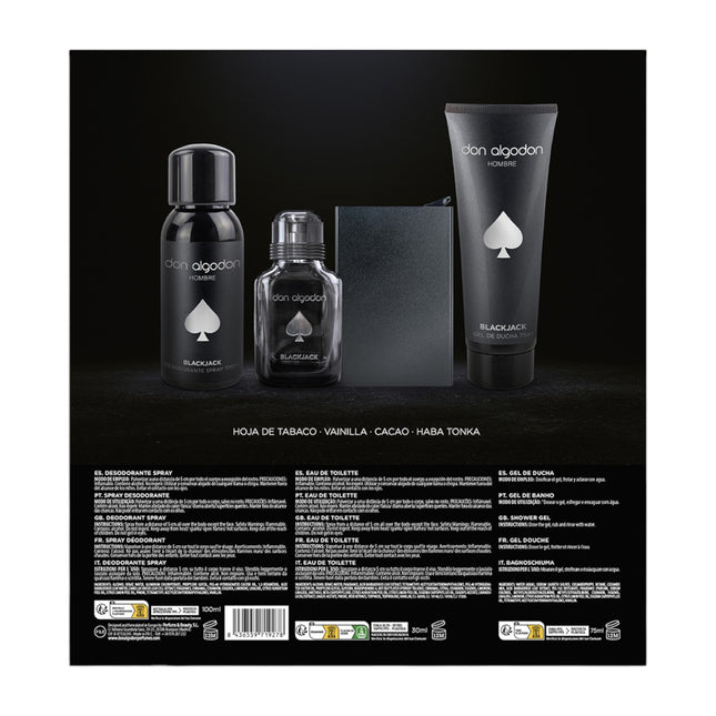 Don Algodón Set Black Jack Hombre Mini desodorante 100 ml + Eau de Toilette 30 ml + gel de ducha 75 ml + tarjetero metalico