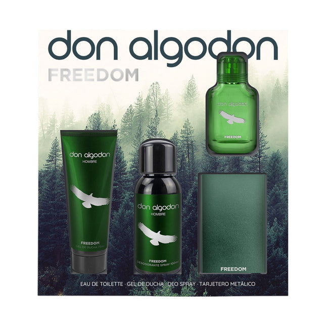 Don Algodón Set Freedom Hombre Mini desodorante 100 ml + Eau de Toilette 30 ml + gel de ducha 75 ml + tarjetero metalico