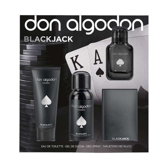 Don Algodón Set Black Jack Hombre Mini desodorante 100 ml + Eau de Toilette 30 ml + gel de ducha 75 ml + tarjetero metalico