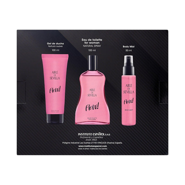 AIRE DE SEVILLA FLOW Estuche de cosmética para mujer con Perfume 100 ml + Gel de ducha suave 100 ml + Body Mist 100 ml Cofre de regalo de ritual perfumado