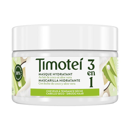 Timotei mascarilla reparadora para cabello dañado con Leche De Coco Y Aloe Vera con desenredantes de origen vegetal, 98% ingredientes 300 ml