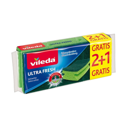 Vileda Ultra fresh Pack of 3 sponges with nail-saving scouring pad, resistant to bacteria, effective and long-lasting 