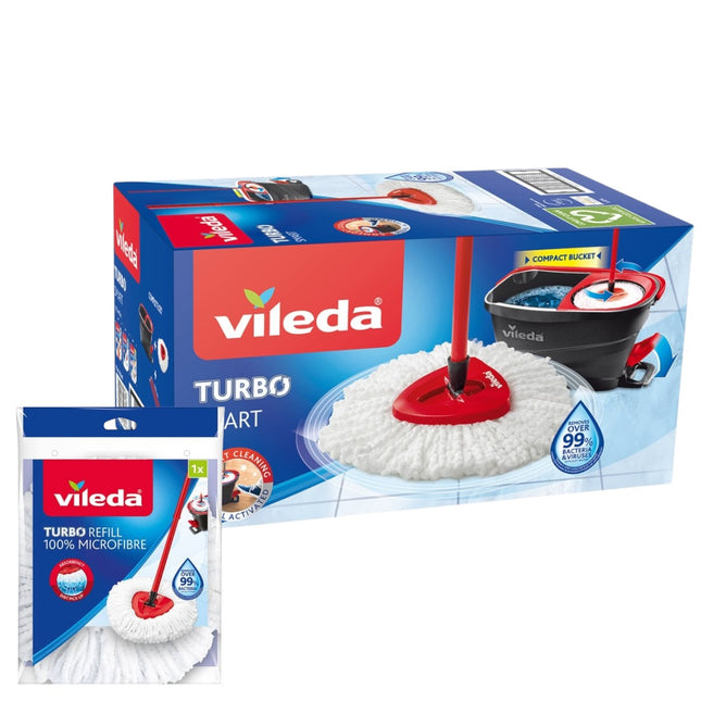 VILEDA Turbo Smart set de limpieza con fregona completa + cubo con escurridor + 1 Recambio Extra